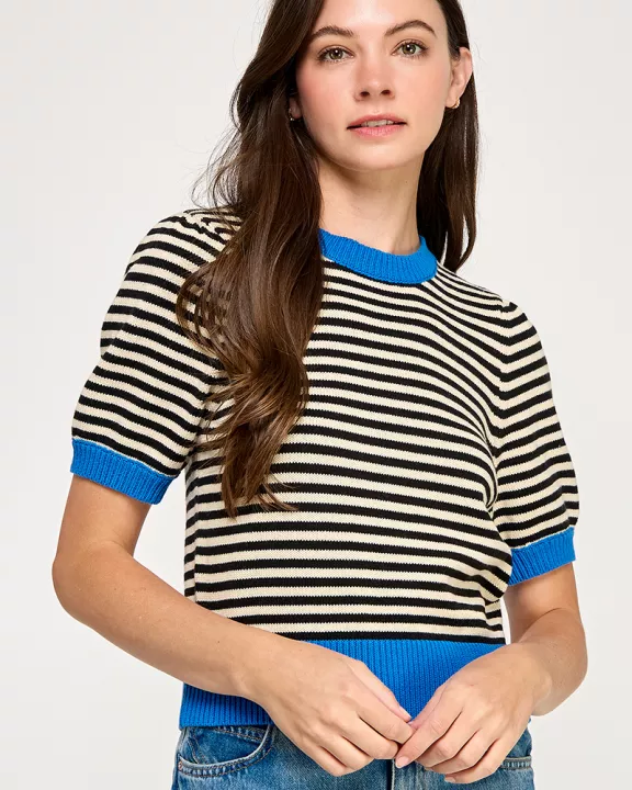 RT-3914-6 STRIPE SHORT SLEEVE SWEATER BLUE/MULTI
