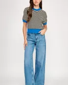 RT-3914-6 STRIPE SHORT SLEEVE SWEATER BLUE/MULTI