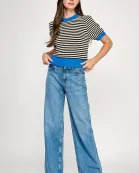 RT-3914-6 STRIPE SHORT SLEEVE SWEATER BLUE/MULTI