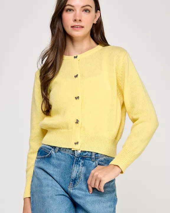 RT-4106-6 KNITTED CARDIGAN WITH BOW DETAIL BUTTONS-BABY YELLOW