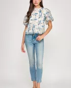 TT-10564-6 PUFF SLEEVE TEXTURED TOP IVORY-BLUE