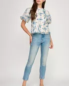 TT-10564-6 PUFF SLEEVE TEXTURED TOP IVORY-BLUE