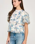 TT-10564-6 PUFF SLEEVE TEXTURED TOP IVORY-BLUE