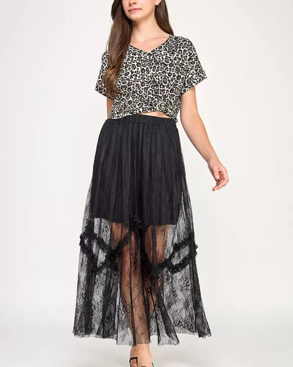 TS-10514-6 TIERED LACE MIDI SKIRT-BLACK