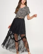 TS-10514-6 TIERED LACE MIDI SKIRT-BLACK