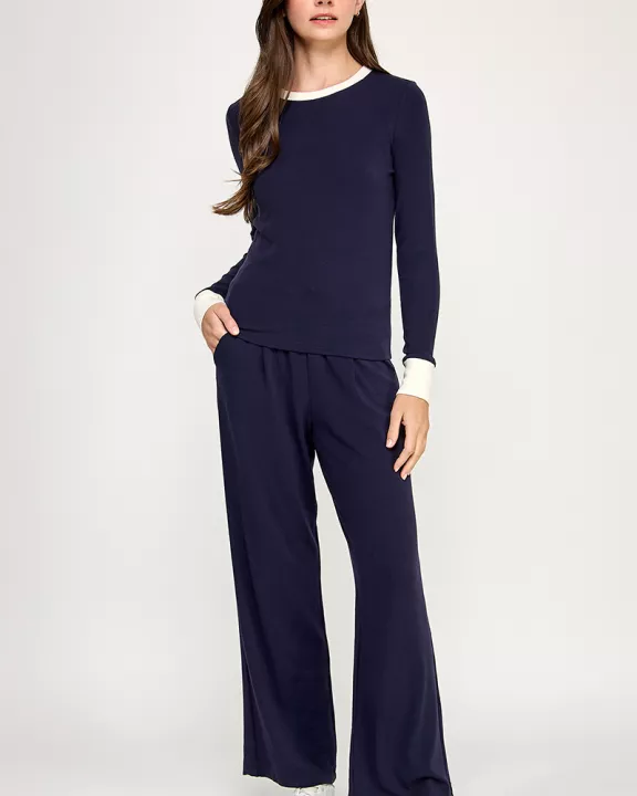 TP-10338-6 CONTRAST WAISTBAND PANTS-NAVY CREAM