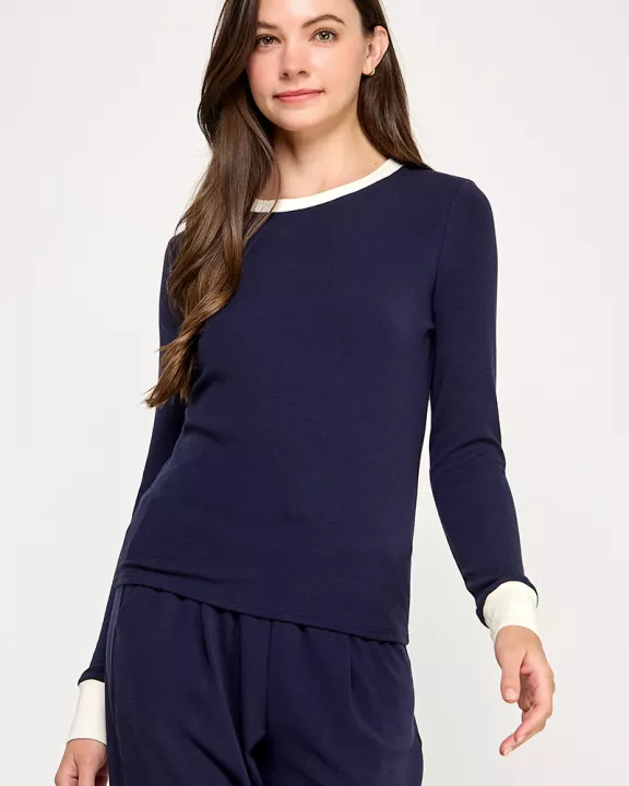 TT-10336-6 LONG SLEEVE TOP WITH CONTRAST COLLAR-NAVY CREAM