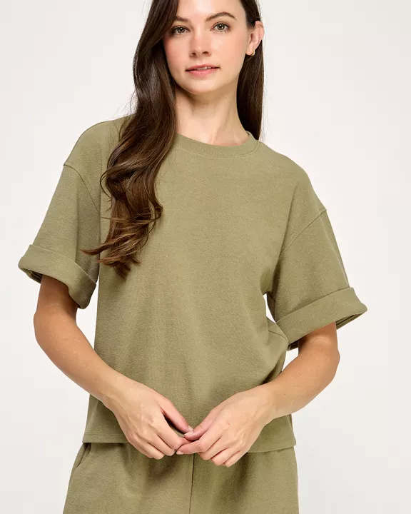 RT-4159-6 ROLLED CUFF OVERSIZED SWEATSHIRT-TEE-OLIVE