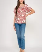 RT-4215-6 TRIM DETAIL ROUND NECK PEASANT BLOUSE-RED MULTI