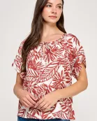 RT-4215-6 TRIM DETAIL ROUND NECK PEASANT BLOUSE-RED MULTI