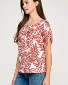 RT-4215-6 TRIM DETAIL ROUND NECK PEASANT BLOUSE-RED MULTI