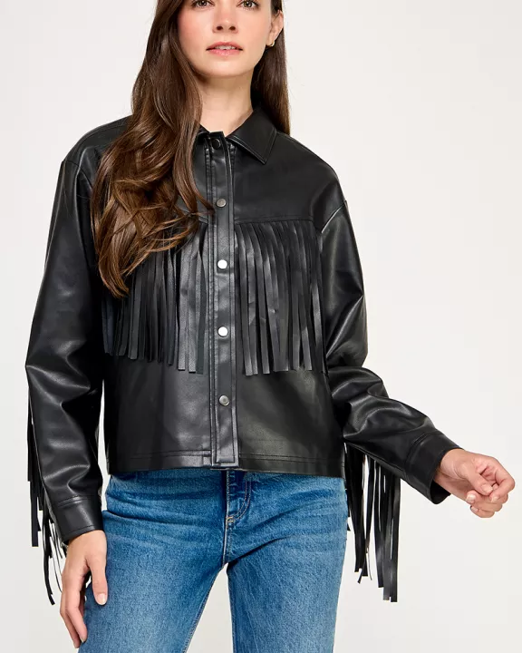 RJ-4138-6 PLEATHER FRINGE JACKET BLACK