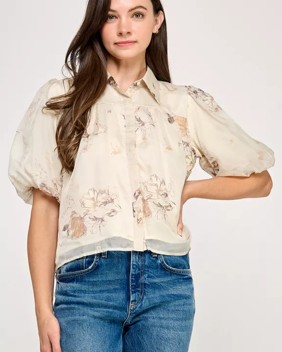 TT-10545-6 GATHERED FRONT PUFF SLEEVES BLOUSE-CREAM MULTI