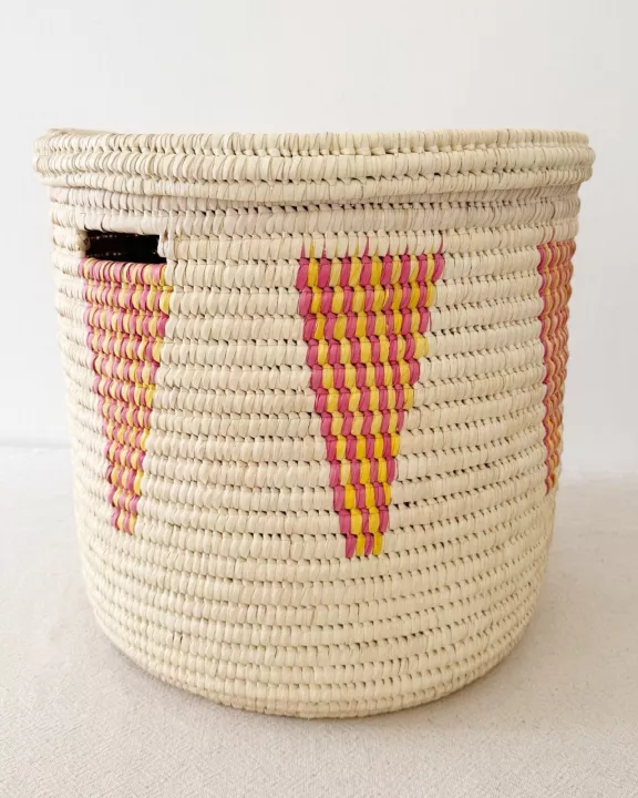 18.5" Lidded Palm Basket- Pink & Yellow