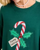 Candy Cane Happy Holidays Patchwork Knit Sweater
