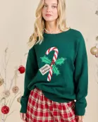 Candy Cane Happy Holidays Patchwork Knit Sweater