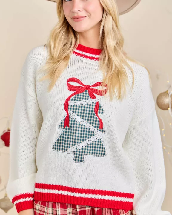 Festive Holiday Sweater With Christmas Tree Patchwork