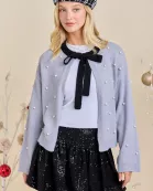 Neck Tie Cardigan With All Over Pearl Studs