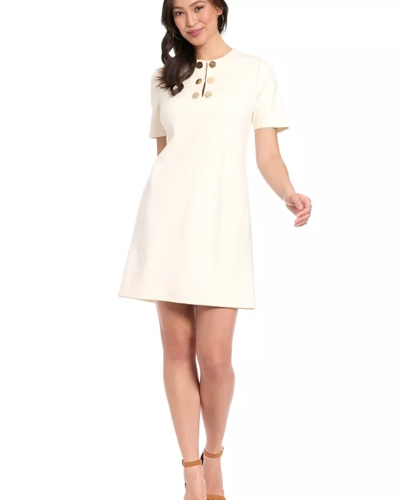 NOVELTY BUTTON SPLIT NECK A-LINE SHIFT DRESS W/ ELBOW SLV