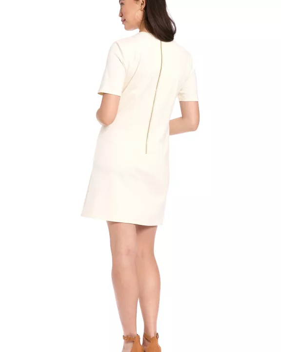 NOVELTY BUTTON SPLIT NECK A-LINE SHIFT DRESS W/ ELBOW SLV