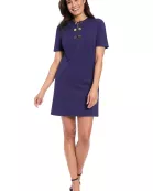 NOVELTY BUTTON SPLIT NECK A-LINE SHIFT DRESS W/ ELBOW SLV