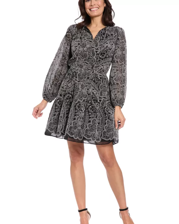 TIE NECK BISHOP SLEEVE ELASTIC WAIST DRESS