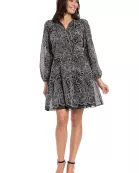 TIE NECK BISHOP SLEEVE ELASTIC WAIST DRESS