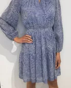TIE NECK BISHOP SLEEVE ELASTIC WAIST DRESS