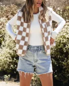 Mindi Checkered Sherpa Collared Jacket Vest