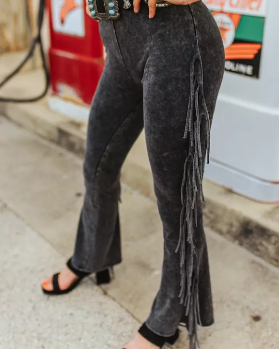 Black Mineral Wash Side Fringe Flare Jumpsuit