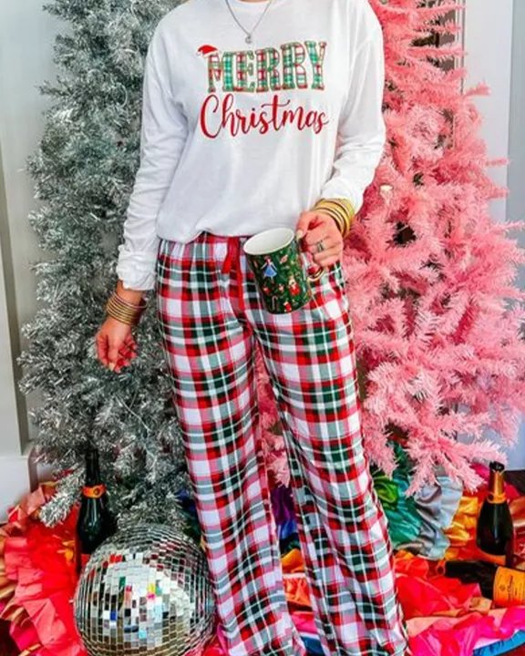Bella Merry Christmas Plaid Print Two Piece Lounge Set