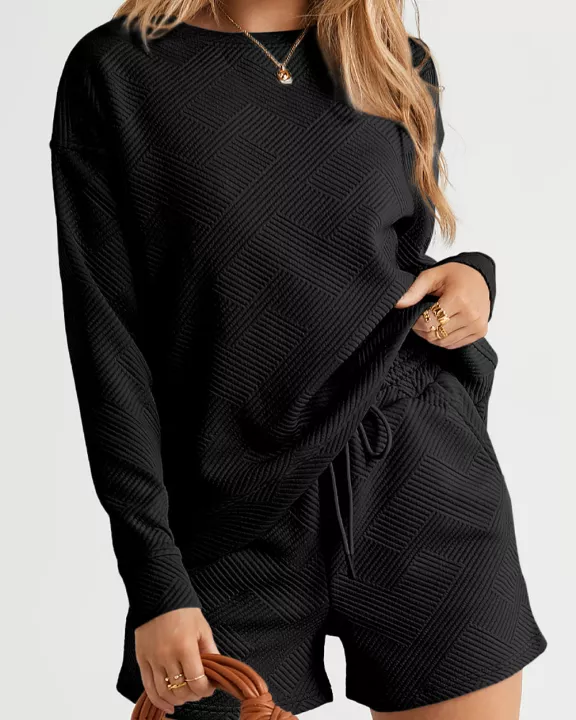 Adalyn Textured Long Sleeve Top and Drawstring Shorts Set