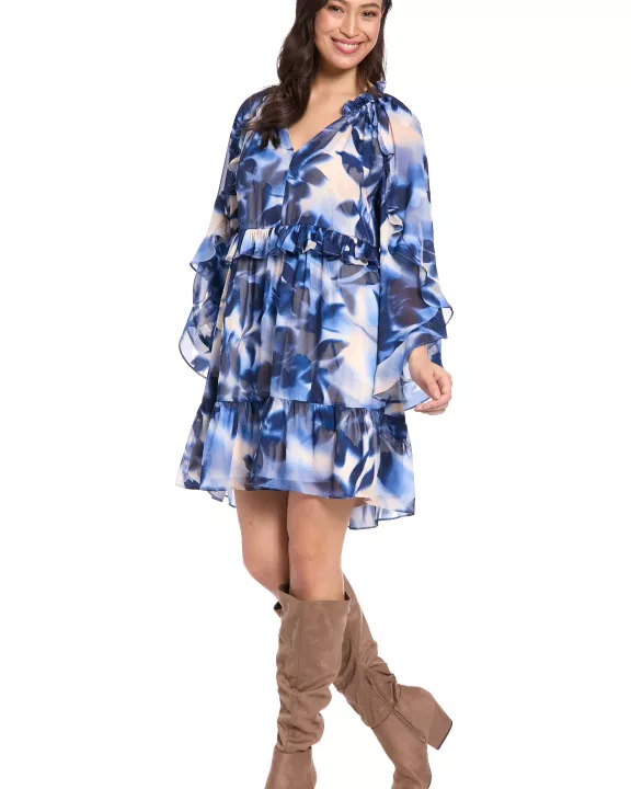 FLARE RUFFLE SLEEVE A-LINE RUFFLE DRESS