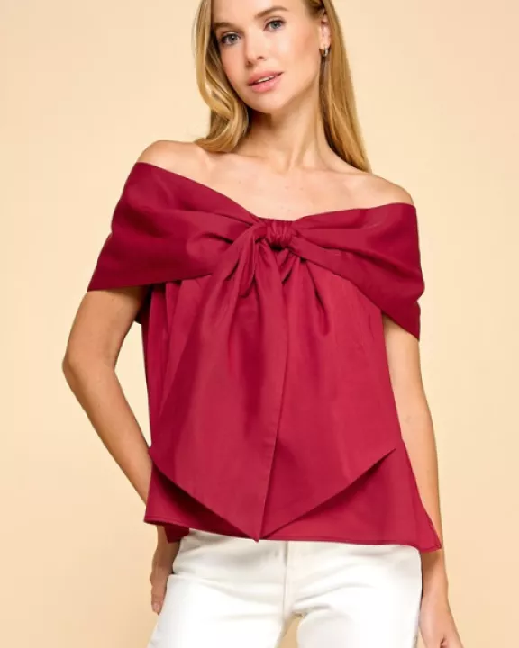 CT9079-Bow Accented Off The Shoulder Top