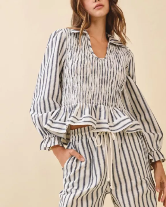 CT9561-Vertical Striped Smocked Bodice Peplum Hem Top