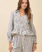 CT9561-Vertical Striped Smocked Bodice Peplum Hem Top