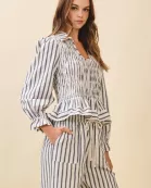 CT9561-Vertical Striped Smocked Bodice Peplum Hem Top