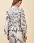 CT9561-Vertical Striped Smocked Bodice Peplum Hem Top