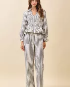 CT9561-Vertical Striped Smocked Bodice Peplum Hem Top