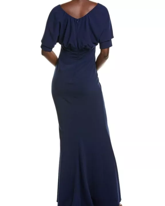 Badgley Mischka Off-The-Shoulder Back Zipper Closure Pleated Bodice Dolman Gown Dress