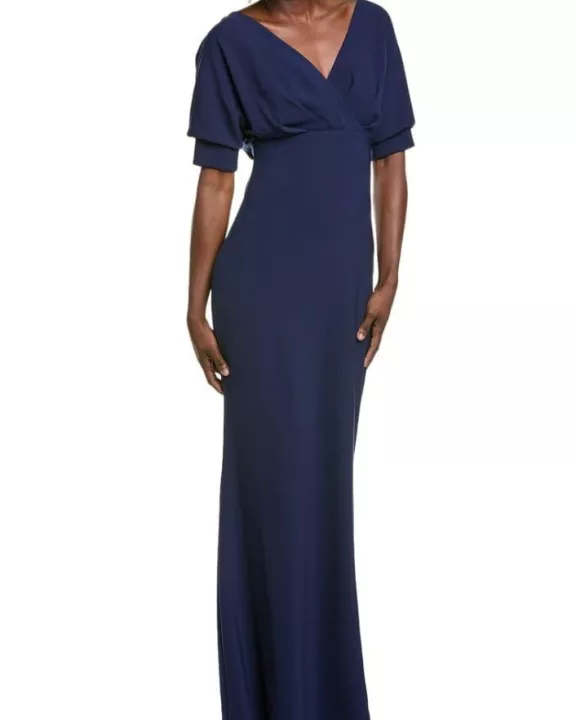 Badgley Mischka Off-The-Shoulder Back Zipper Closure Pleated Bodice Dolman Gown Dress
