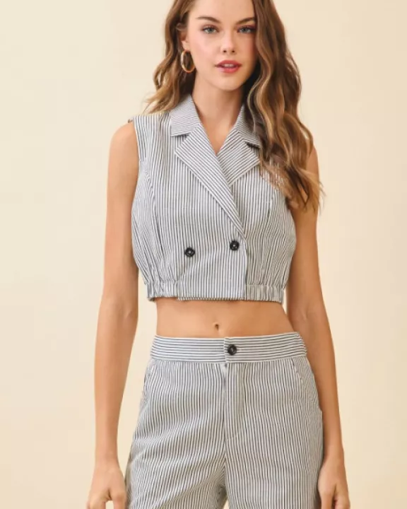 CT9489-Pinstripes Double Breasted Cropped Vest