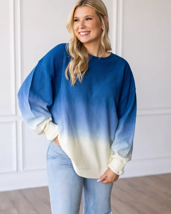 OMBRE COZY CORD SWEATSHIRT -NAVY/EGGNOG