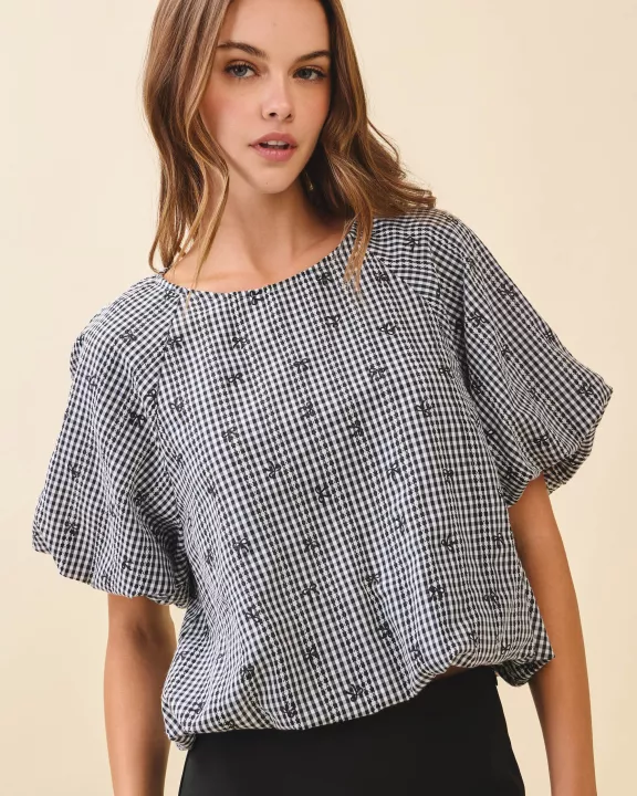 CT9534-Black and White Gingham Mini Bow Print Top