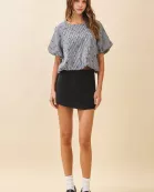 CT9534-Black and White Gingham Mini Bow Print Top