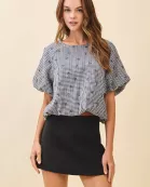 CT9534-Black and White Gingham Mini Bow Print Top