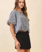 CT9534-Black and White Gingham Mini Bow Print Top