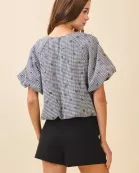 CT9534-Black and White Gingham Mini Bow Print Top
