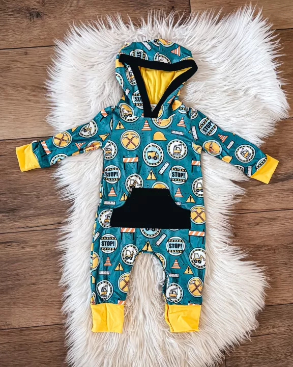Construction Vibes Hooded Infant Romper by TwoCan
