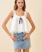 CT9289-Lace Detail Black Ribbon Bow At Neckline Top